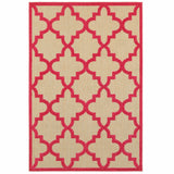 Homeroots 5' X 8' Red Geometric Stain Resistant Indoor Outdoor Area Rug Sand,Pink Polypropylene 506818