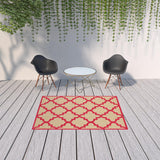 Homeroots 5' X 8' Red Geometric Stain Resistant Indoor Outdoor Area Rug Sand,Pink Polypropylene 506818