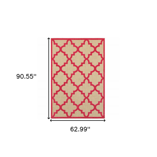 Homeroots 5' X 8' Red Geometric Stain Resistant Indoor Outdoor Area Rug Sand,Pink Polypropylene 506818