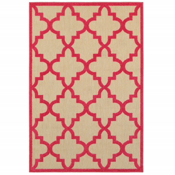 Homeroots 7' X 10' Red Geometric Stain Resistant Indoor Outdoor Area Rug Sand,Pink Polypropylene 506819