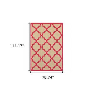 Homeroots 7' X 10' Red Geometric Stain Resistant Indoor Outdoor Area Rug Sand,Pink Polypropylene 506819