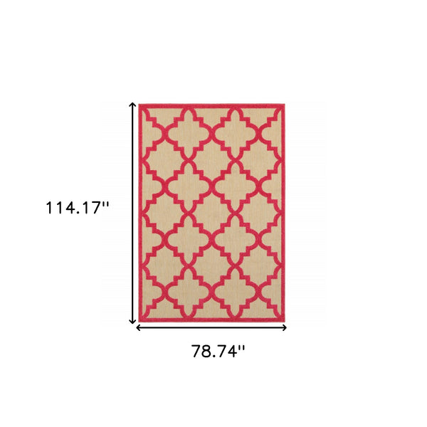 Homeroots 7' X 10' Red Geometric Stain Resistant Indoor Outdoor Area Rug Sand,Pink Polypropylene 506819