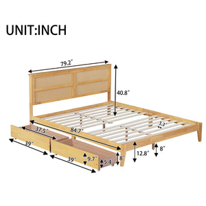 English Elm King Rattan Bed with Two Under-Storage Drawers, Rubberwood Slats, Durable 600 lb Capacity Frame White Oak W504S00229