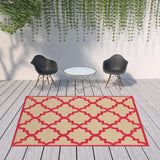 Homeroots 8' X 11' Red Geometric Stain Resistant Indoor Outdoor Area Rug Sand,Pink Polypropylene 506820