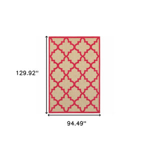 Homeroots 8' X 11' Red Geometric Stain Resistant Indoor Outdoor Area Rug Sand,Pink Polypropylene 506820