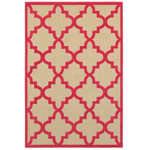 Homeroots 10' X 13' Red Geometric Stain Resistant Indoor Outdoor Area Rug Sand,Pink Polypropylene 506821