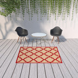 Homeroots 5' X 8' Red Geometric Stain Resistant Indoor Outdoor Area Rug Sand,Red Polypropylene 506824