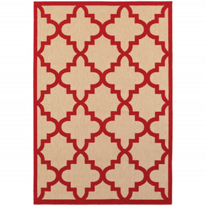 Homeroots 7' X 10' Red Geometric Stain Resistant Indoor Outdoor Area Rug Sand,Red Polypropylene 506825