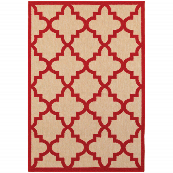 Homeroots 7' X 10' Red Geometric Stain Resistant Indoor Outdoor Area Rug Sand,Red Polypropylene 506825