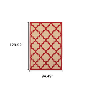HomeRoots 5' Green Geometric Indoor/Outdoor Area Rug - Stain Resistant, Modern Style for High-Traffic Spaces Sand/ Red 7'10" x 10'10" 506826