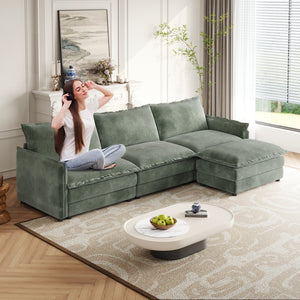 English Elm Corduroy 3-Seater L-Shaped Couch With Movable Ottoman - Plush Green Fabric For Cozy Living Room Comfort W834S00429