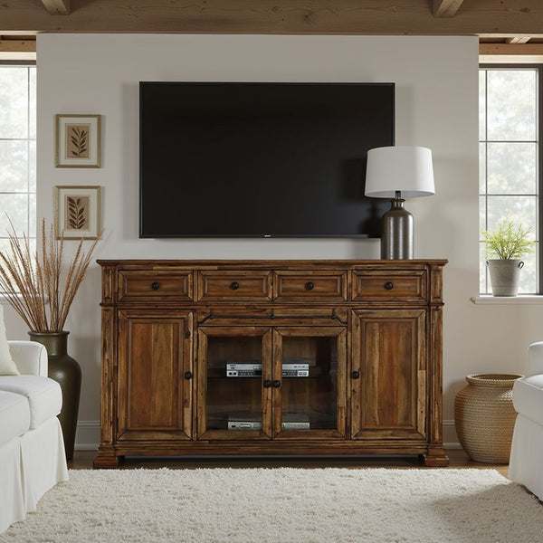 English Elm Barclay Acacia Wood Media Console Fully Assembled Rustic Storage with Glass Doors B108P481224