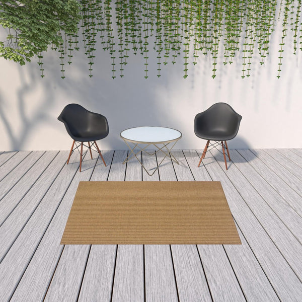 HomeRoots 5' Tan Striped Indoor Outdoor Area Rug - Stain Resistant, Durable, Perfect for Busy Spaces & Patios 5'3" x 7'6" 506905