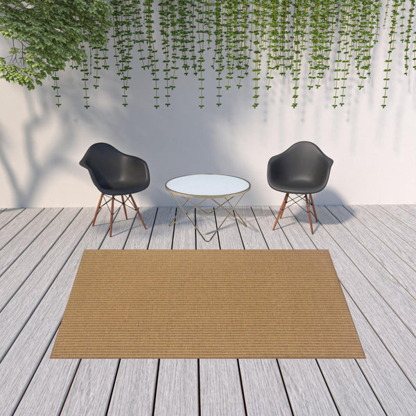 HomeRoots 5' Tan Striped Indoor Outdoor Area Rug - Stain Resistant, Durable, Perfect for Busy Spaces & Patios 6'7" x 9'6" 506906
