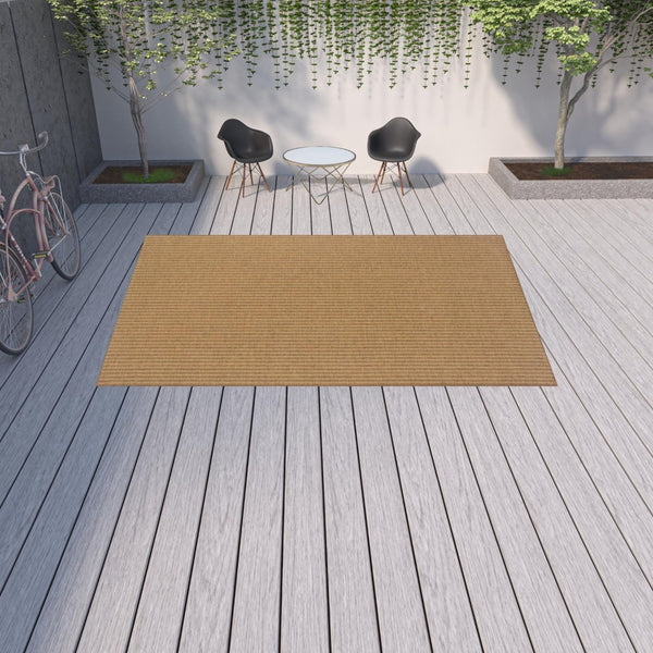 HomeRoots 5' Tan Striped Indoor Outdoor Area Rug - Stain Resistant, Durable, Perfect for Busy Spaces & Patios 8'6" x 13' 506908