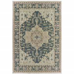 HomeRoots 5' Gray Oriental Indoor-Outdoor Area Rug - Stain and Water Resistant, Timeless Medallion Design 5'3" x 7'3" 506955