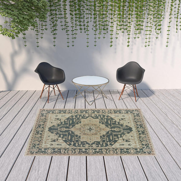 HomeRoots 5' Gray Oriental Indoor-Outdoor Area Rug - Stain and Water Resistant, Timeless Medallion Design 6'7" x 9'2" 506956