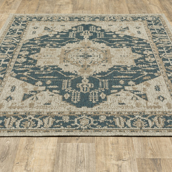 HomeRoots 5' Gray Oriental Indoor-Outdoor Area Rug - Stain and Water Resistant, Timeless Medallion Design 6'7" x 9'2" 506956