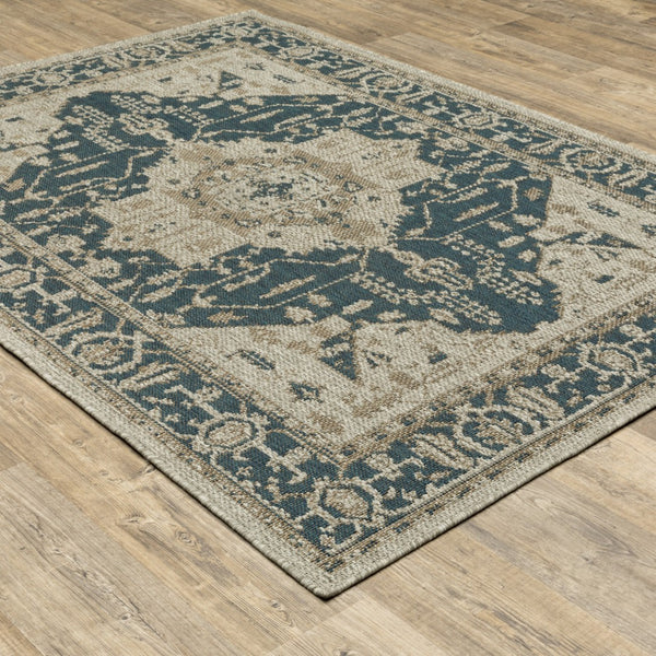 HomeRoots 5' Gray Oriental Indoor-Outdoor Area Rug - Stain and Water Resistant, Timeless Medallion Design 6'7" x 9'2" 506956