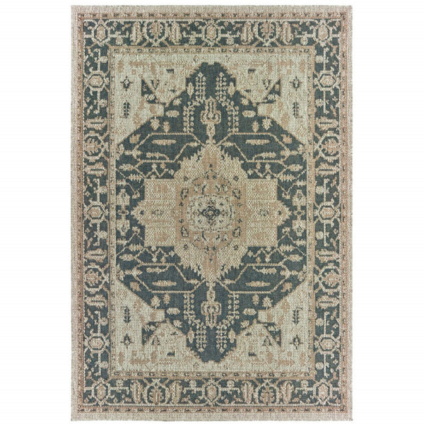 HomeRoots 5' Gray Oriental Indoor-Outdoor Area Rug - Stain and Water Resistant, Timeless Medallion Design 7'10" x 10' 506957