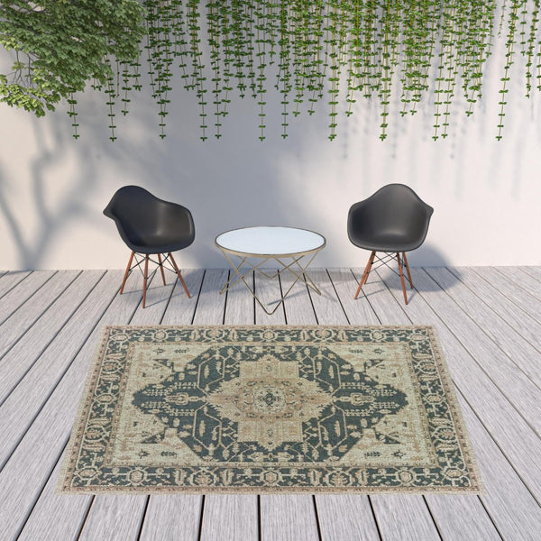 HomeRoots 5' Gray Oriental Indoor-Outdoor Area Rug - Stain and Water Resistant, Timeless Medallion Design 7'10" x 10' 506957
