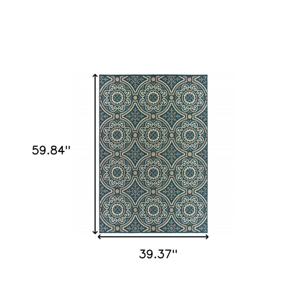 Homeroots 3' X 5' Blue And Gray Geometric Stain Resistant Area Rug - Perfect For Indoor And Outdoor Spaces! Teal,Grey Polypropylene 506966