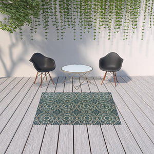HomeRoots 5' Contemporary Blue and Gray Geometric Area Rug - Stain Resistant, Indoor/Outdoor Durability & Style Teal/ Grey 5'3" x 7'3" 506967