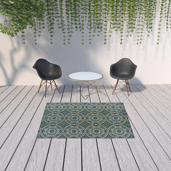 HomeRoots 5' Contemporary Blue and Gray Geometric Area Rug - Stain Resistant, Indoor/Outdoor Durability & Style Teal/ Grey 5'3" x 7'3" 506967