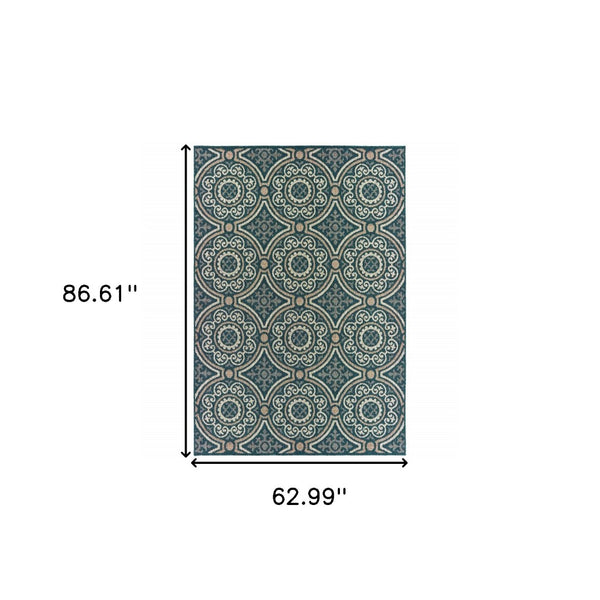 HomeRoots 5' Contemporary Blue and Gray Geometric Area Rug - Stain Resistant, Indoor/Outdoor Durability & Style Teal/ Grey 5'3" x 7'3" 506967