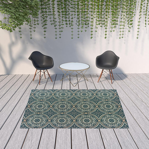 HomeRoots 5' Contemporary Blue and Gray Geometric Area Rug - Stain Resistant, Indoor/Outdoor Durability & Style Teal/ Grey 6'7" x 9'2" 506968