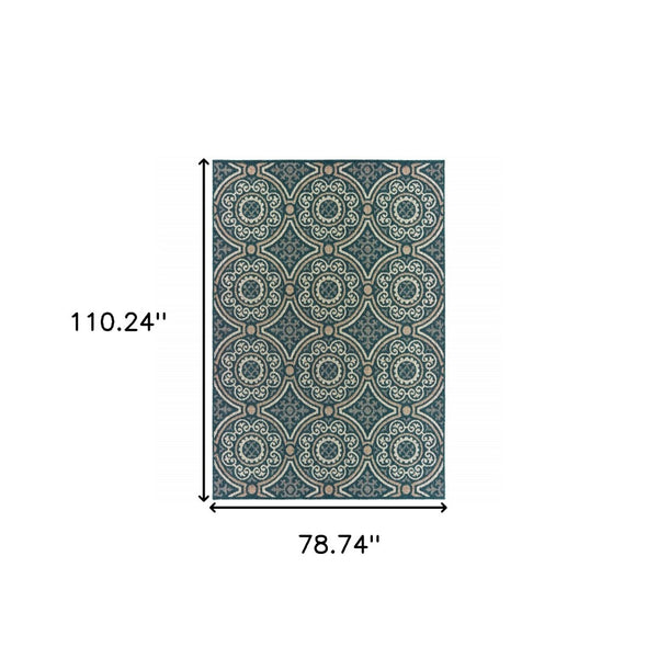 HomeRoots 5' Contemporary Blue and Gray Geometric Area Rug - Stain Resistant, Indoor/Outdoor Durability & Style Teal/ Grey 6'7" x 9'2" 506968