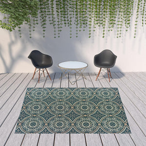 HomeRoots 5' Contemporary Blue and Gray Geometric Area Rug - Stain Resistant, Indoor/Outdoor Durability & Style Teal/ Grey 7'10" x 10' 506969