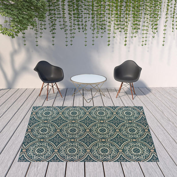 HomeRoots 5' Contemporary Blue and Gray Geometric Area Rug - Stain Resistant, Indoor/Outdoor Durability & Style Teal/ Grey 7'10" x 10' 506969