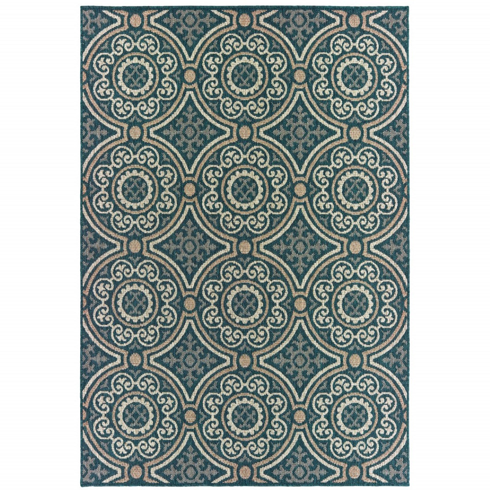 HomeRoots 5' Contemporary Blue and Gray Geometric Area Rug - Stain Resistant, Indoor/Outdoor Durability & Style Teal/ Grey 9'10" x 12'10" 506970