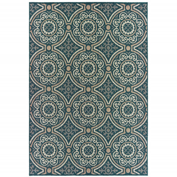 HomeRoots 5' Contemporary Blue and Gray Geometric Area Rug - Stain Resistant, Indoor/Outdoor Durability & Style Teal/ Grey 9'10" x 12'10" 506970