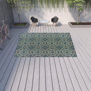 HomeRoots 5' Contemporary Blue and Gray Geometric Area Rug - Stain Resistant, Indoor/Outdoor Durability & Style Teal/ Grey 9'10" x 12'10" 506970