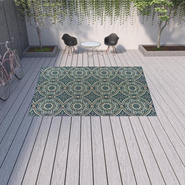 HomeRoots 5' Contemporary Blue and Gray Geometric Area Rug - Stain Resistant, Indoor/Outdoor Durability & Style Teal/ Grey 9'10" x 12'10" 506970