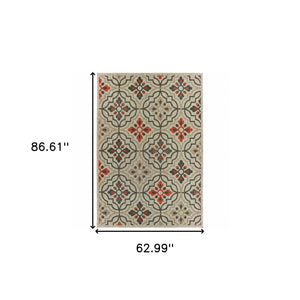 Homeroots 5' X 7' Gray Geometric Stain Resistant Indoor Outdoor Area Rug Grey,Orange Polypropylene 506973