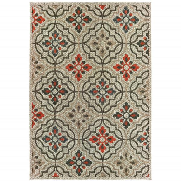 Homeroots 8' X 10' Gray Geometric Stain Resistant Indoor Outdoor Area Rug Grey,Orange Polypropylene 506975