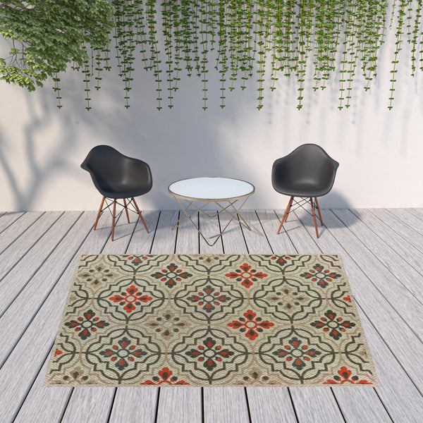 Homeroots 8' X 10' Gray Geometric Stain Resistant Indoor Outdoor Area Rug Grey,Orange Polypropylene 506975