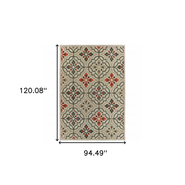 Homeroots 8' X 10' Gray Geometric Stain Resistant Indoor Outdoor Area Rug Grey,Orange Polypropylene 506975