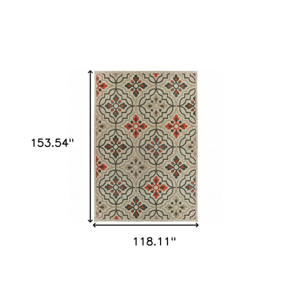 Homeroots 10' X 13' Gray Geometric Stain Resistant Indoor Outdoor Area Rug Grey,Orange Polypropylene 506976
