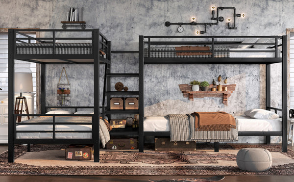 English Elm Twin L-shaped Steel Bunk Bed with Built-in Shelving and Full Guardrails Matte Black W1580S00439