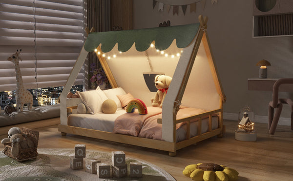 English Elm Twin Cabin Bed with Detachable Tent Skylight and Woodland Deer Antler Accents White N708P356717K