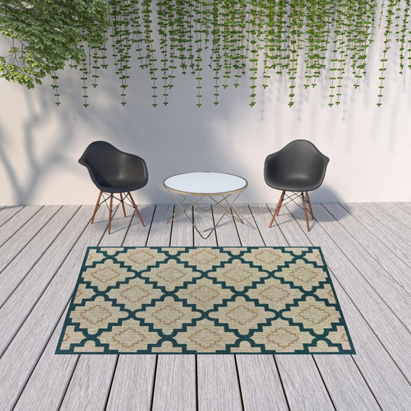 HomeRoots 5' Indoor Outdoor Blue and Gray Geometric Area Rug - Stain Resistant, Durable & Stylish Design 6'7" x 9'2" 506986