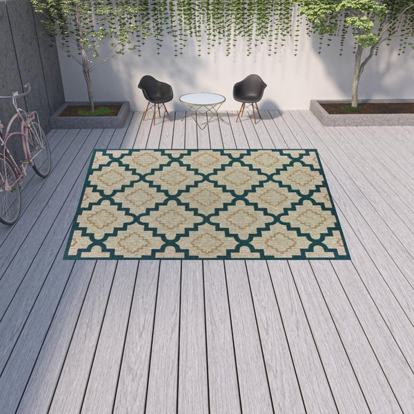 HomeRoots 5' Indoor Outdoor Blue and Gray Geometric Area Rug - Stain Resistant, Durable & Stylish Design 9'10" x 12'10" 506988