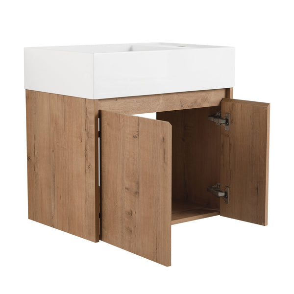 English Elm 24 Inch Bathroom Cabinet Resin Sink Vanity with Soft-Close Doors, Beveled Handle, Water-Resistant Finish Imitative Oak W999P228748