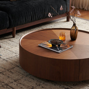 English Elm 35.4-inch Round Walnut Mosaic Coffee Table with Sculptural Iron Base for Living Rooms W5098P416512