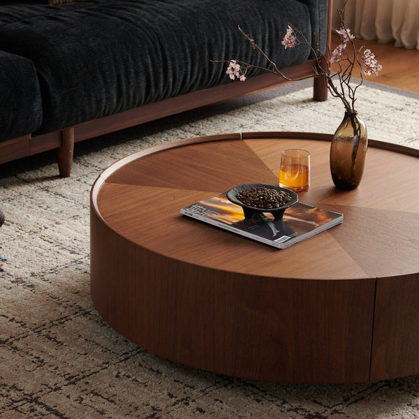 English Elm 35.4-inch Round Walnut Mosaic Coffee Table with Sculptural Iron Base for Living Rooms W5098P416512