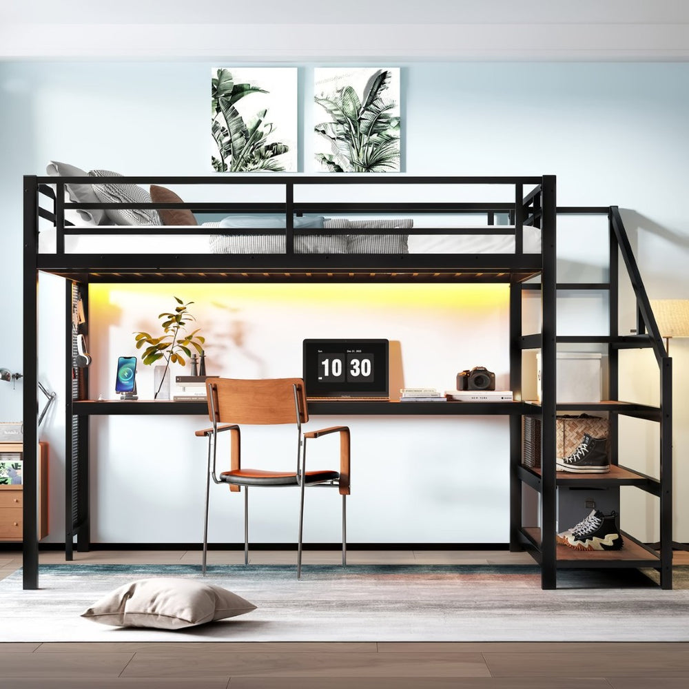 English Elm Queen Loft Bed With Desk, Storage Stairs, Led Lights & Usb Ports – Perfect For Modern Living Spaces! W1580S00477-GIGA